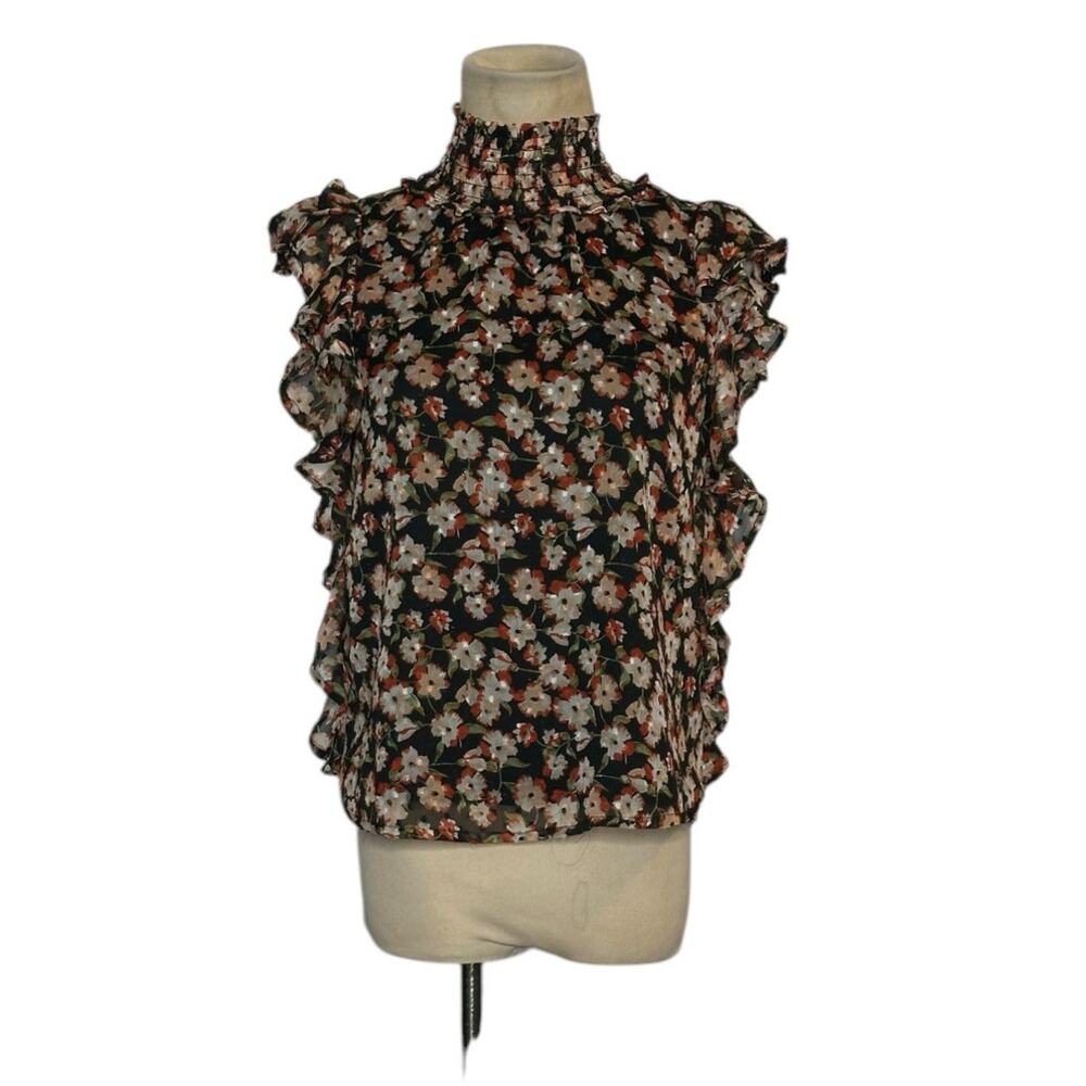 Blue Rain black floral short sleeves office core blouse size XS